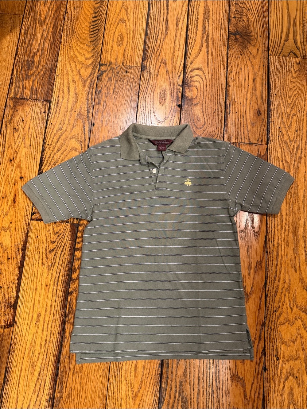 Brooks Brothers Olive Green Striped Polo with Yellow Logo Boys Size Medium